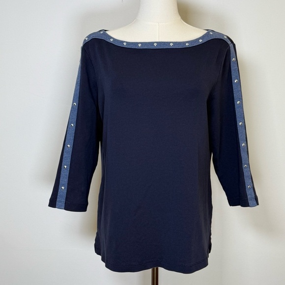 Karen Scott Tops - Karen Scott Studded Boat Neck Cotton Top Navy 3/4 Sleeve Women’s Petite Large